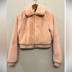 Forever 21 Faux Fur Cozy Teddy Bomber Jacket Coat Pale‎ Pink Pockets Women’s S